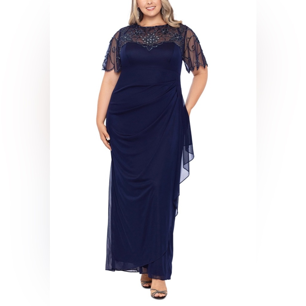 Xscape Plus Size Beaded Illusion Gown, Navy, 18W